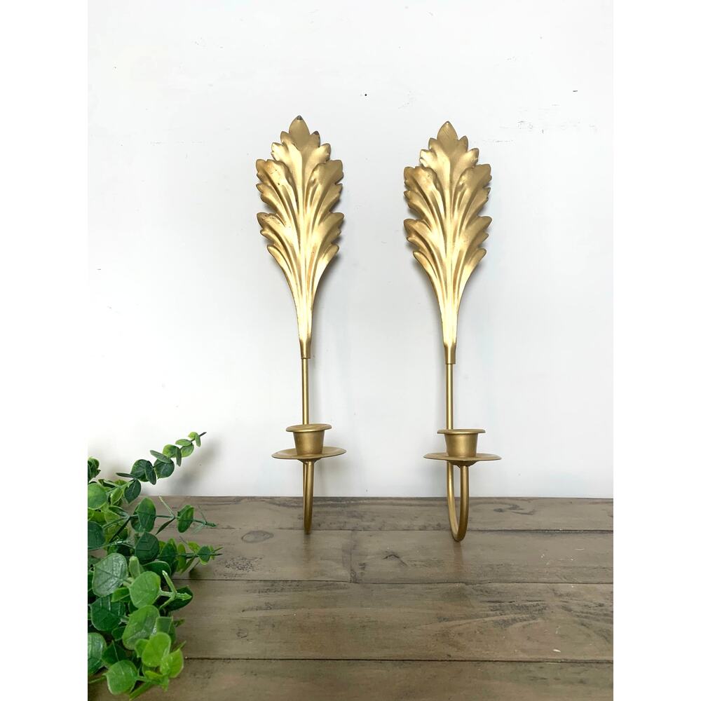 Vintage Gold Leaf Wall Sconces Pair Candleholders Hollywood Regency 15.5 Glam